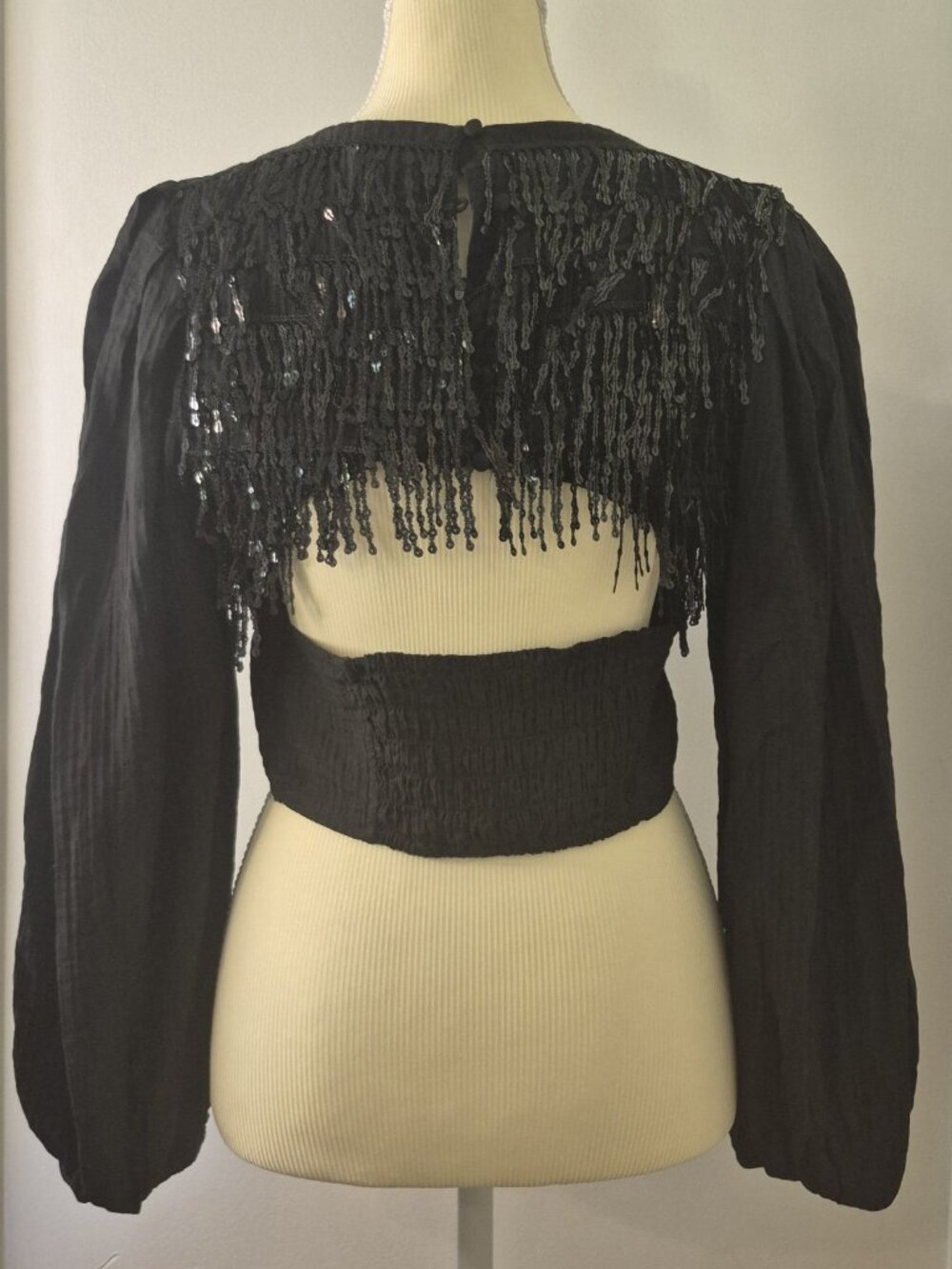 Anthropologie Sequin Fringe Cutout Back Smocked Crop Top‎ Boho Festival Cowgirl